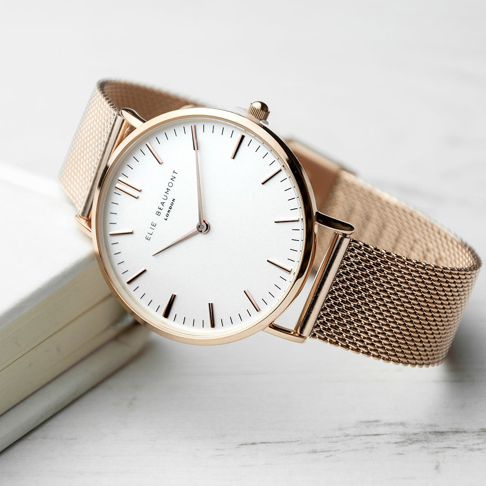 Elie Beaumont Personalised Ladies Rose Gold Mesh Strapped Watch With White Dial - treat-republic