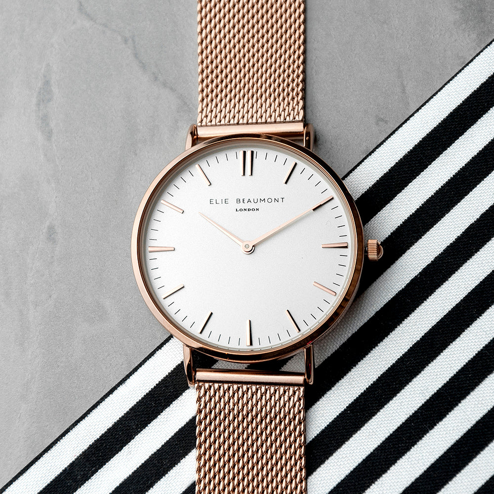 Elie Beaumont Personalised Ladies Rose Gold Mesh Strapped Watch With White Dial - treat-republic