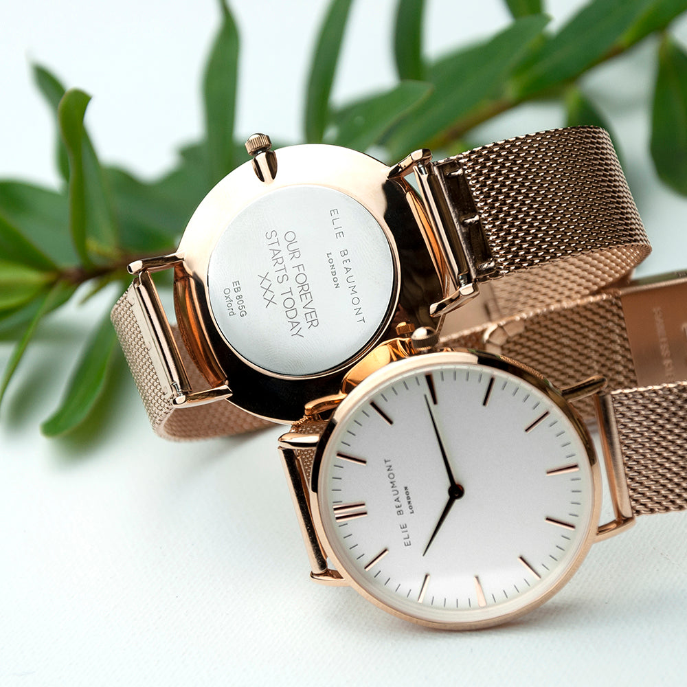 Elie Beaumont Personalised Ladies Rose Gold Mesh Strapped Watch With White Dial - treat-republic