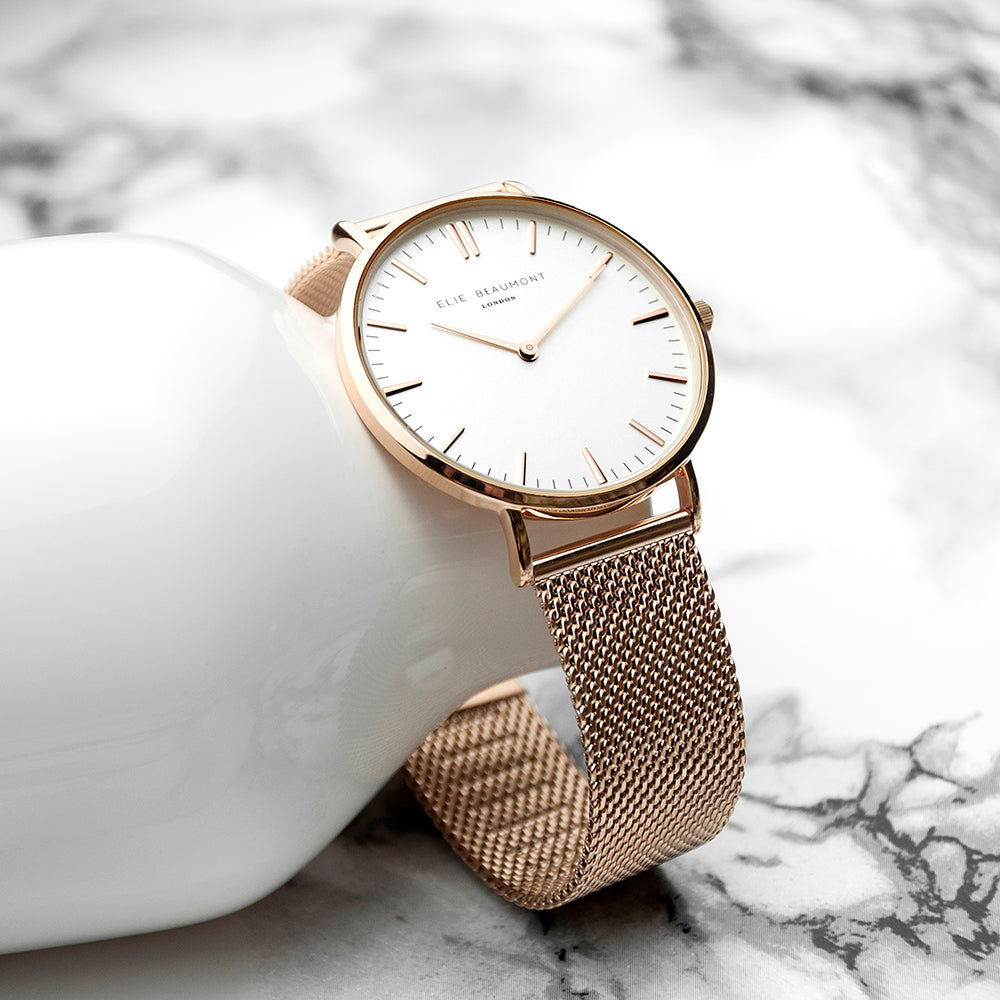 Elie Beaumont Personalised Ladies Rose Gold Mesh Strapped Watch With White Dial - treat-republic