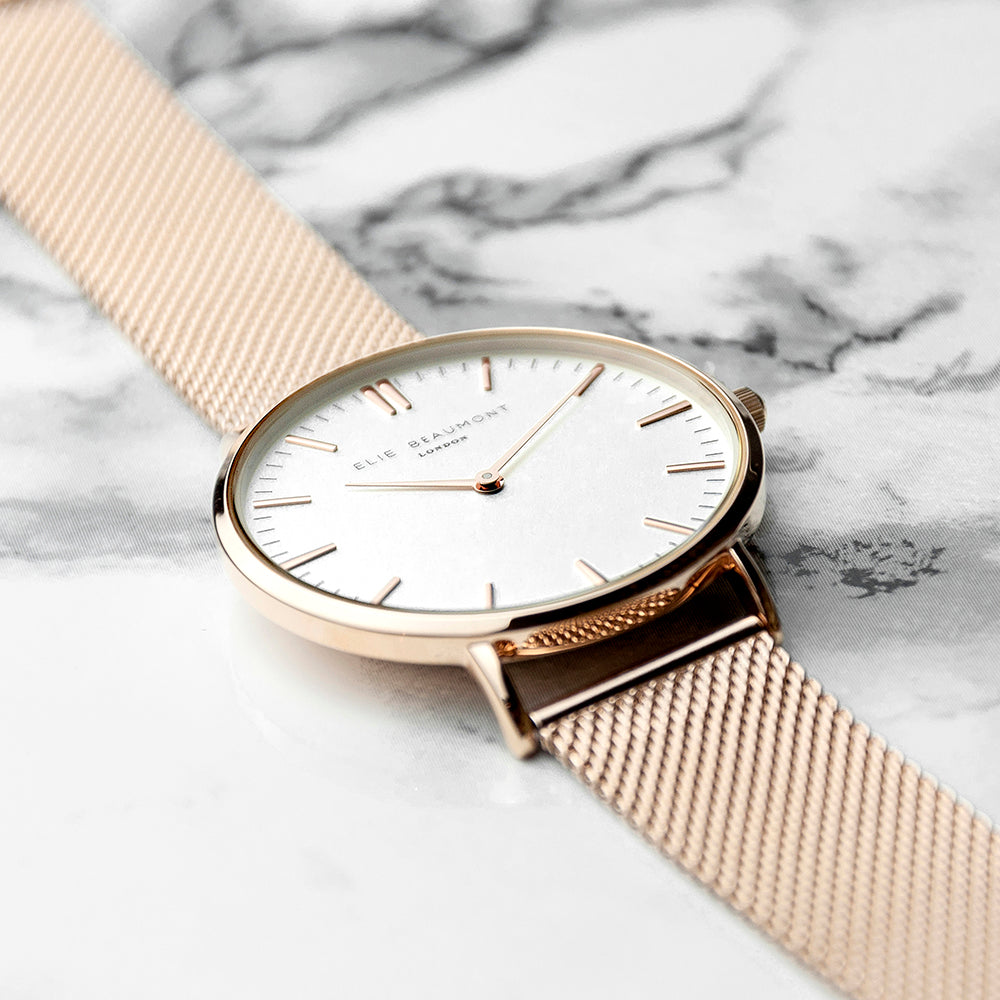 Elie Beaumont Personalised Ladies Rose Gold Mesh Strapped Watch With White Dial - treat-republic