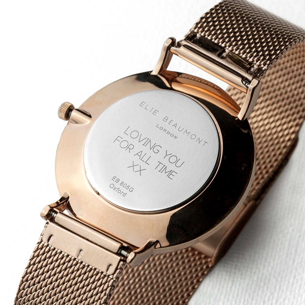 Elie Beaumont Personalised Ladies Rose Gold Mesh Strapped Watch With White Dial - treat-republic