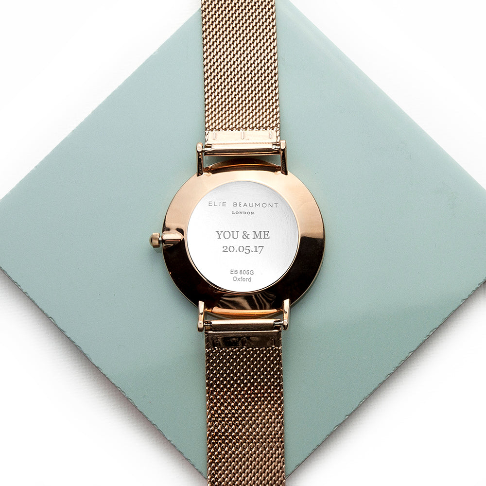 Elie Beaumont Personalised Ladies Rose Gold Mesh Strapped Watch With White Dial - treat-republic