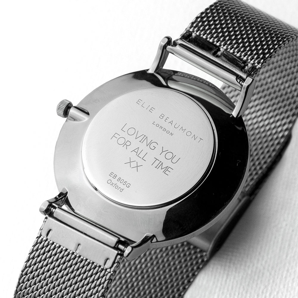 Elie Beaumont Personalised Ladies Metallic Mesh Strapped Watch With Black Dial - treat-republic