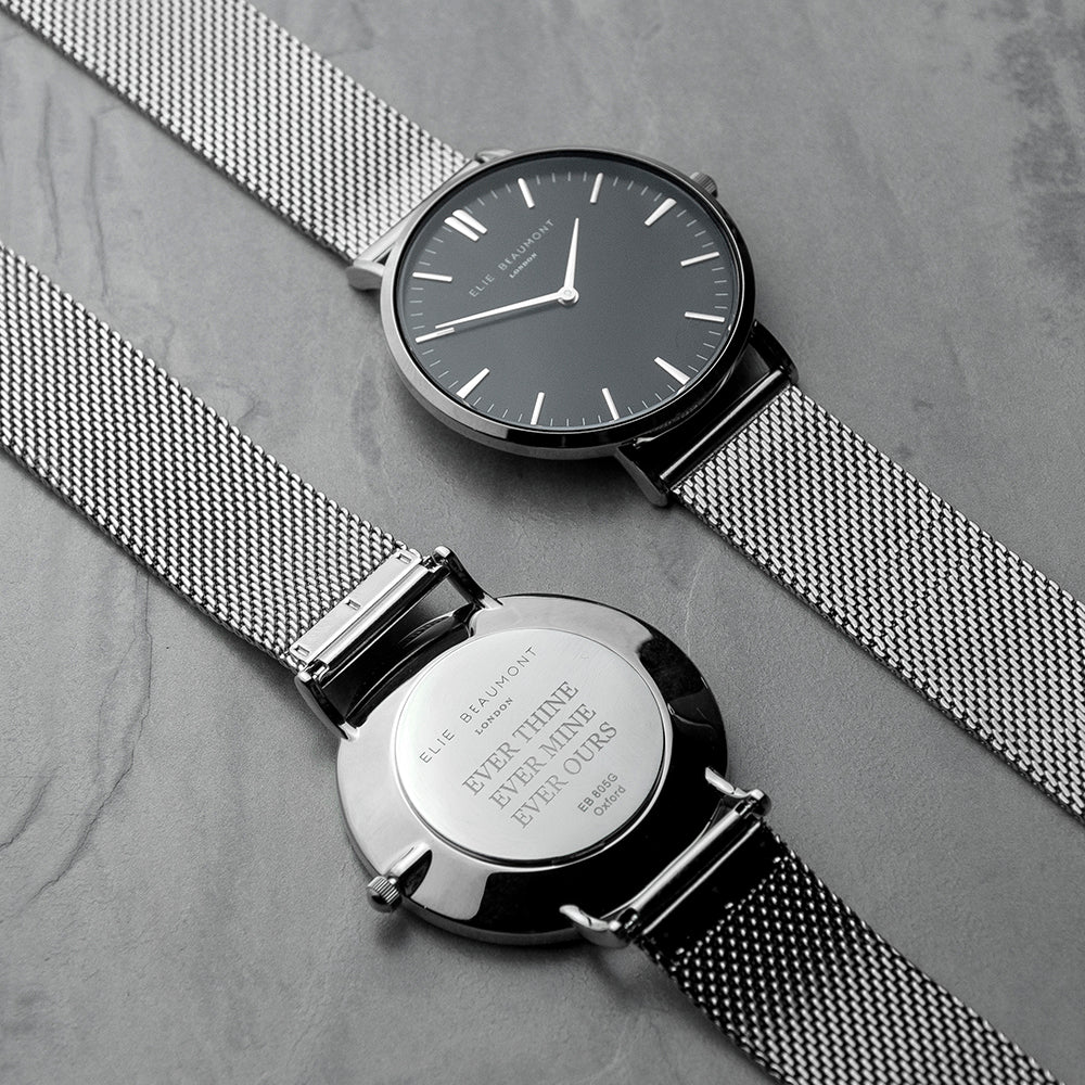 Elie Beaumont Personalised Ladies Metallic Mesh Strapped Watch With Black Dial - treat-republic