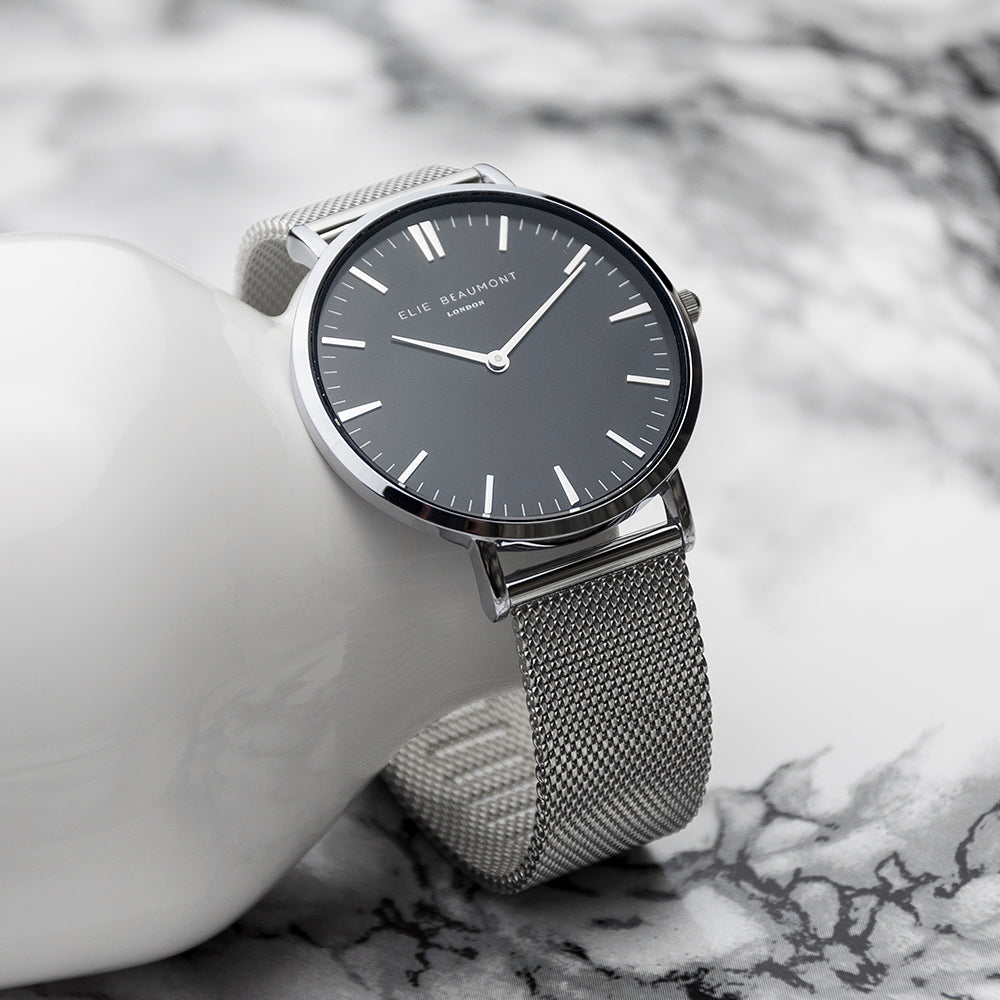 Elie Beaumont Personalised Ladies Metallic Mesh Strapped Watch With Black Dial - treat-republic