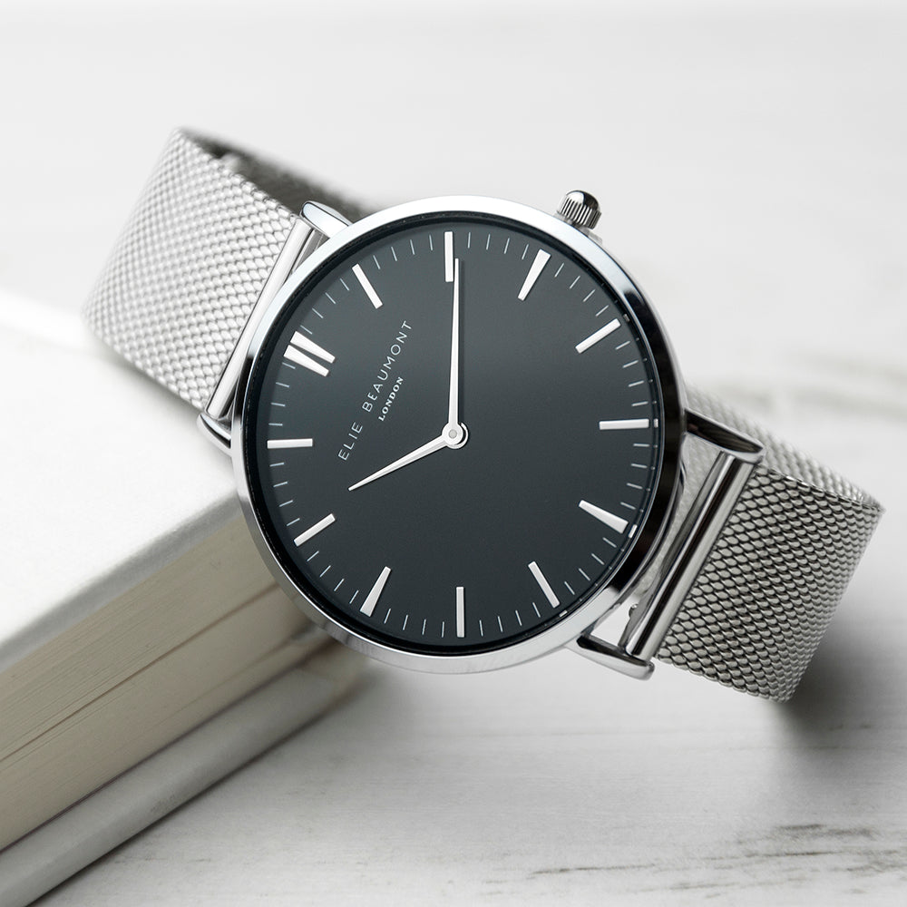 Elie Beaumont Personalised Ladies Metallic Mesh Strapped Watch With Black Dial - treat-republic