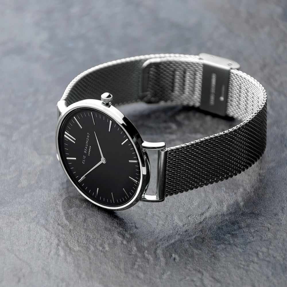Elie Beaumont Personalised Ladies Metallic Mesh Strapped Watch With Black Dial - treat-republic