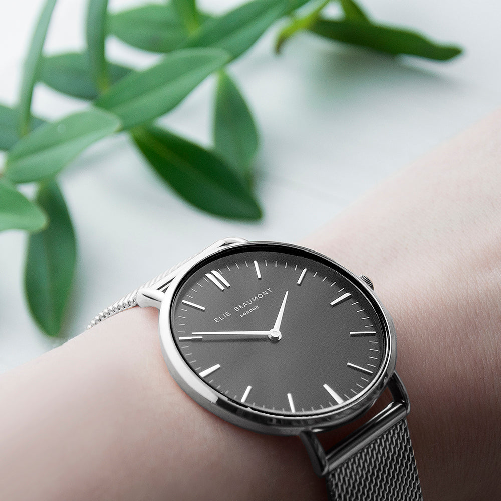 Elie Beaumont Personalised Ladies Metallic Mesh Strapped Watch With Black Dial - treat-republic