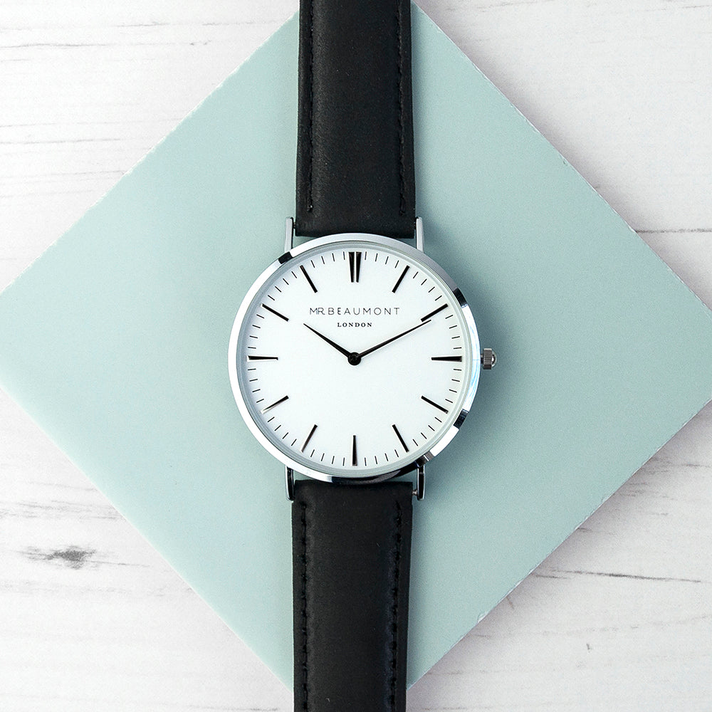 Mr Beaumont Mens Personalised Leather Watch In Black - treat-republic