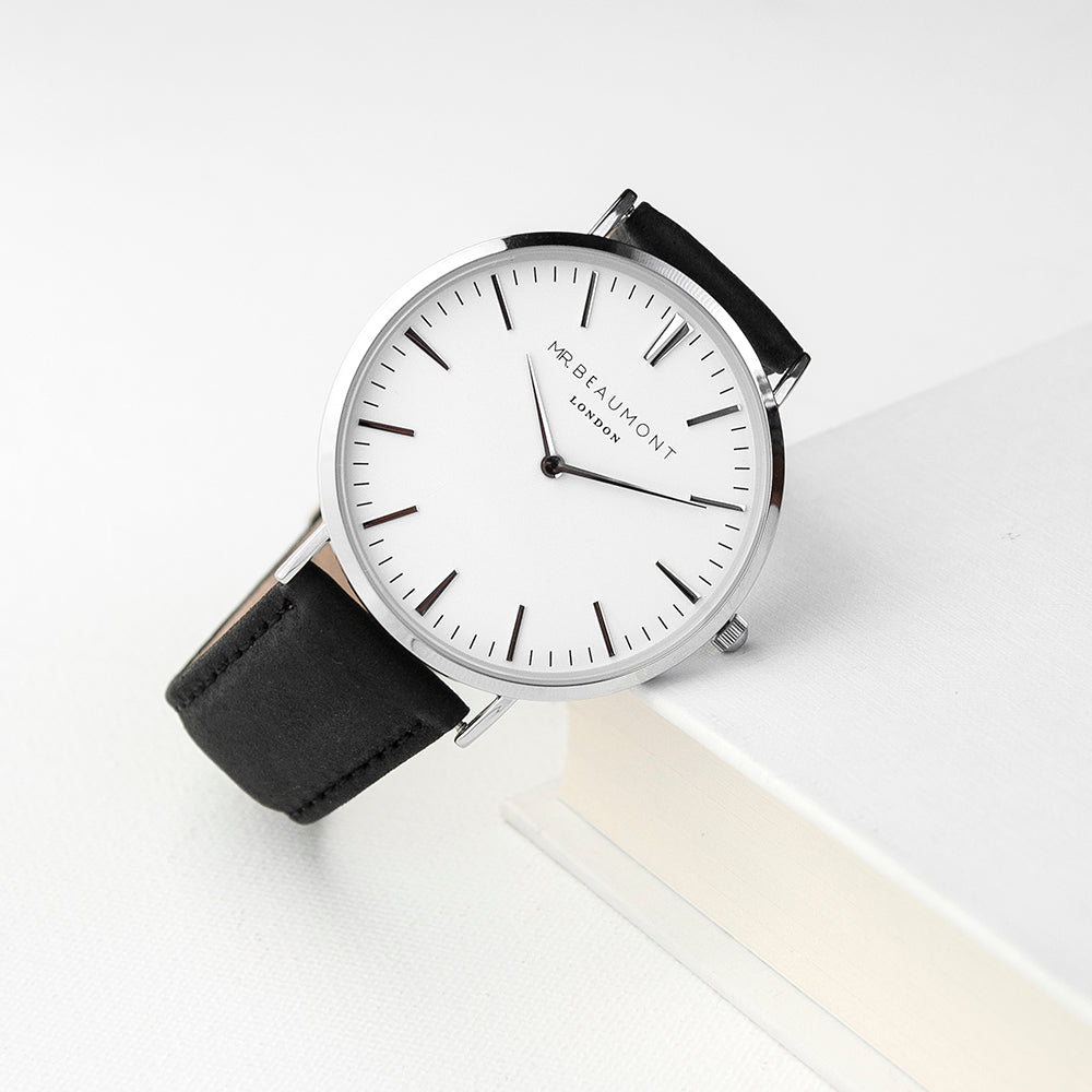 Mr Beaumont Mens Personalised Leather Watch In Black - treat-republic