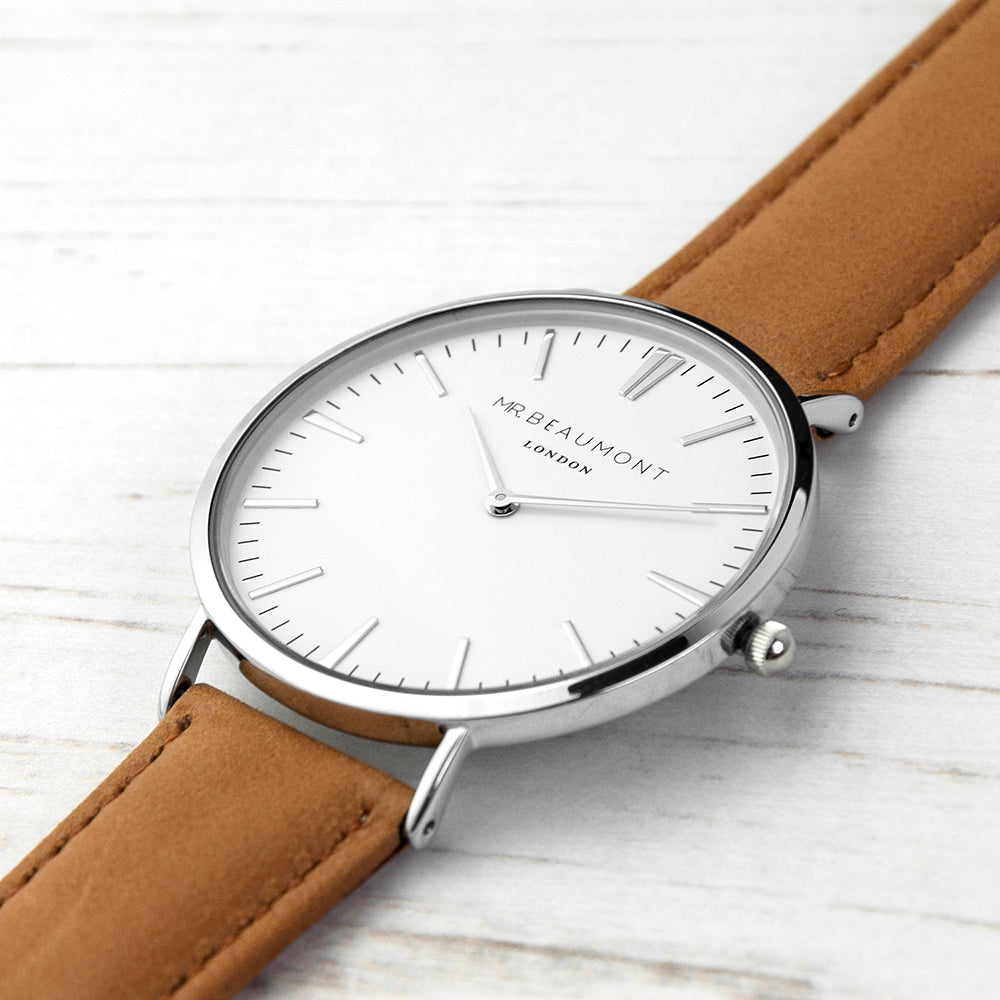 Mr Beaumont Mens Personalised Leather Watch In Camel - treat-republic