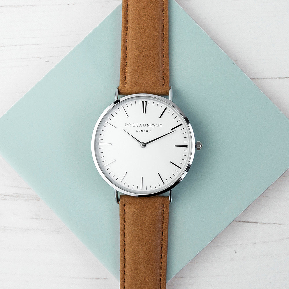 Mr Beaumont Mens Personalised Leather Watch In Camel - treat-republic
