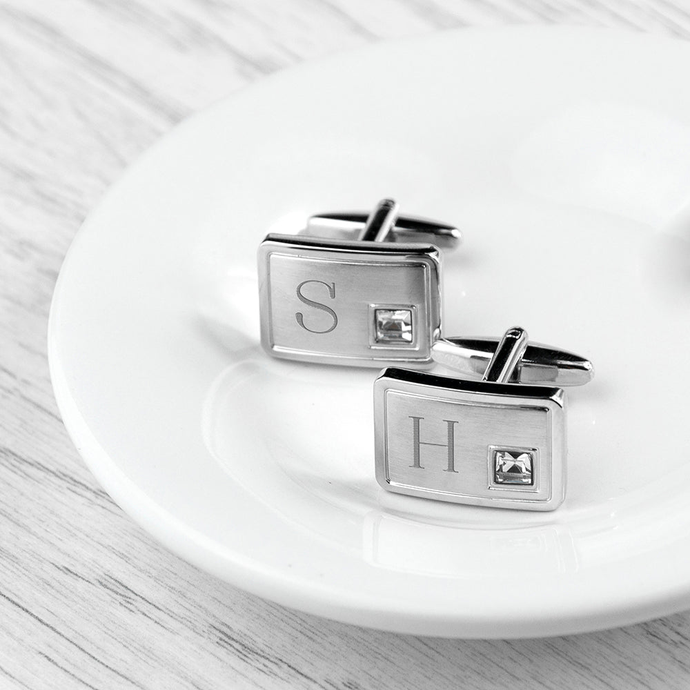 Personalised Brushed Silver Cufflinks With Crystal - treat-republic