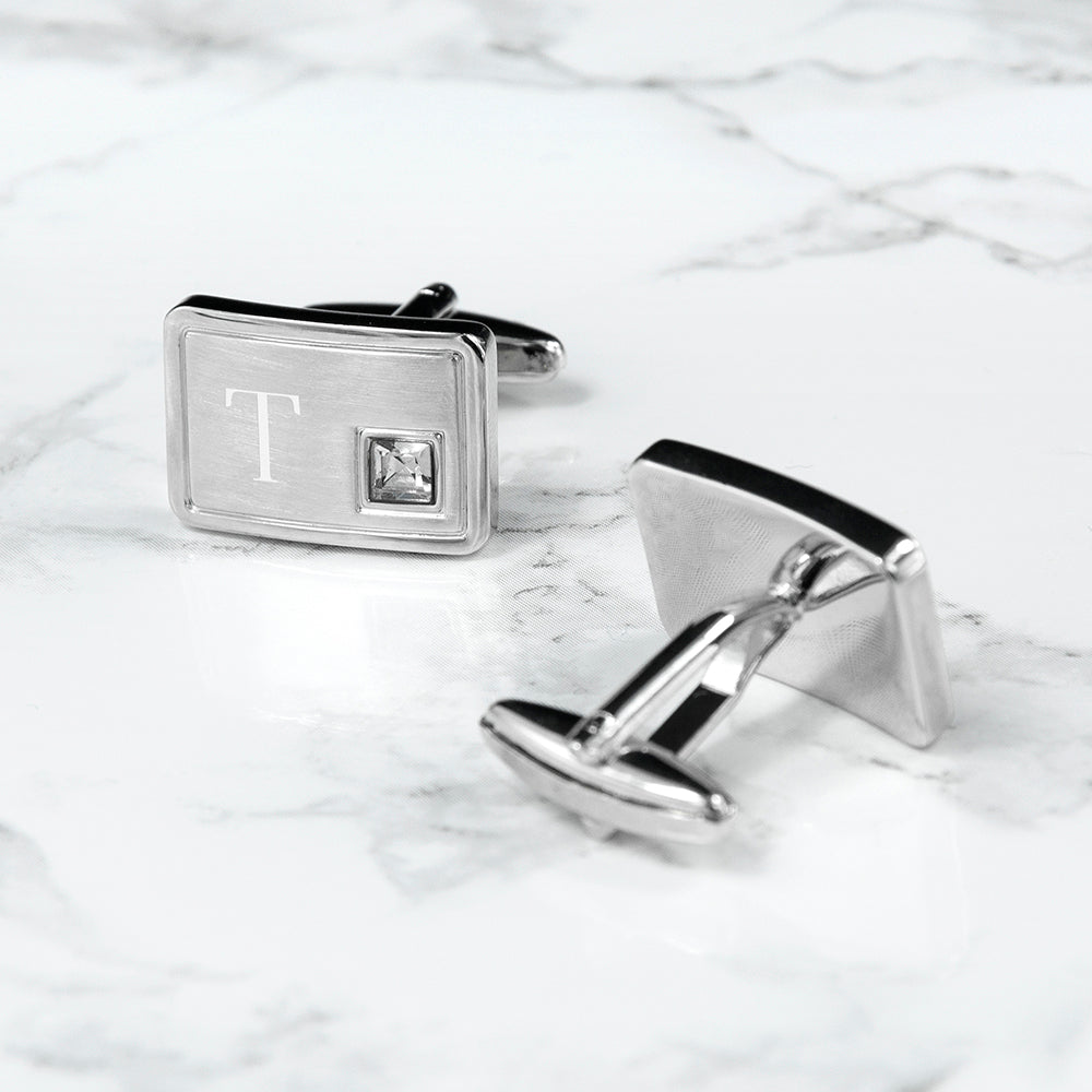 Personalised Brushed Silver Cufflinks With Crystal - treat-republic