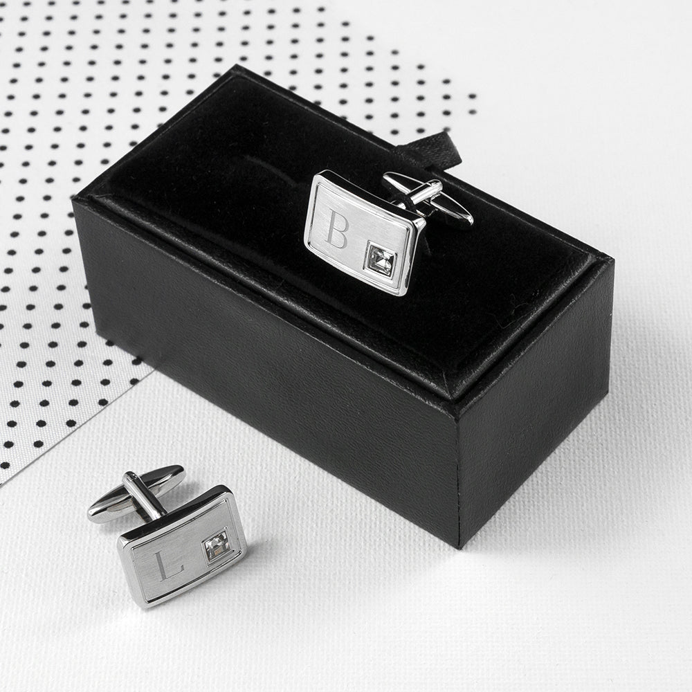 Personalised Brushed Silver Cufflinks With Crystal - treat-republic