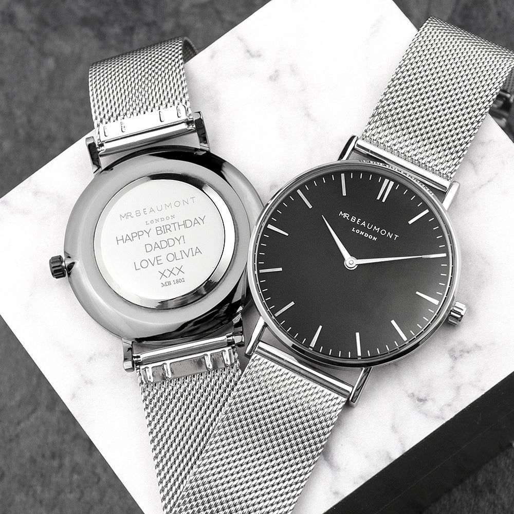 Mr Beaumont Personalised Men's Metallic Silver Watch With Black Face - treat-republic