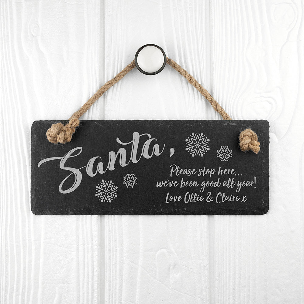 Personalised Santa Please Stop Here Slate Hanging Sign - treat-republic