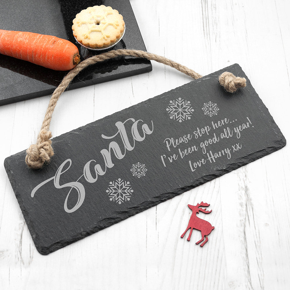 Personalised Santa Please Stop Here Slate Hanging Sign - treat-republic