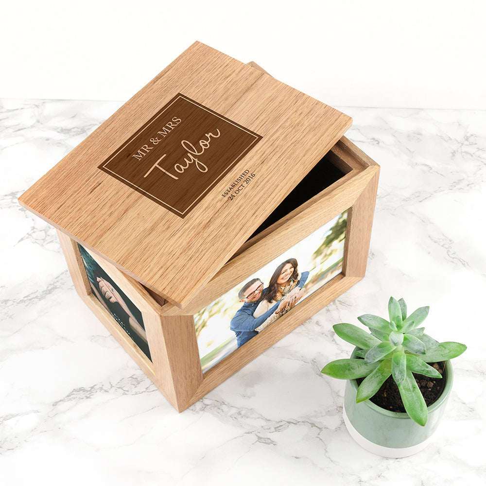 Personalised Contemporary Mr & Mrs Midi Oak Photo Cube Keepsake Box - treat-republic
