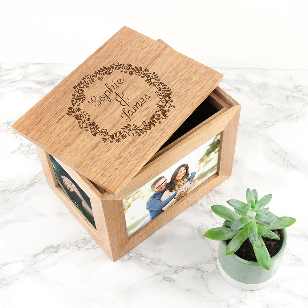 Personalised Floral Framed Couples' Midi Oak Photo Cube Keepsake Box - treat-republic