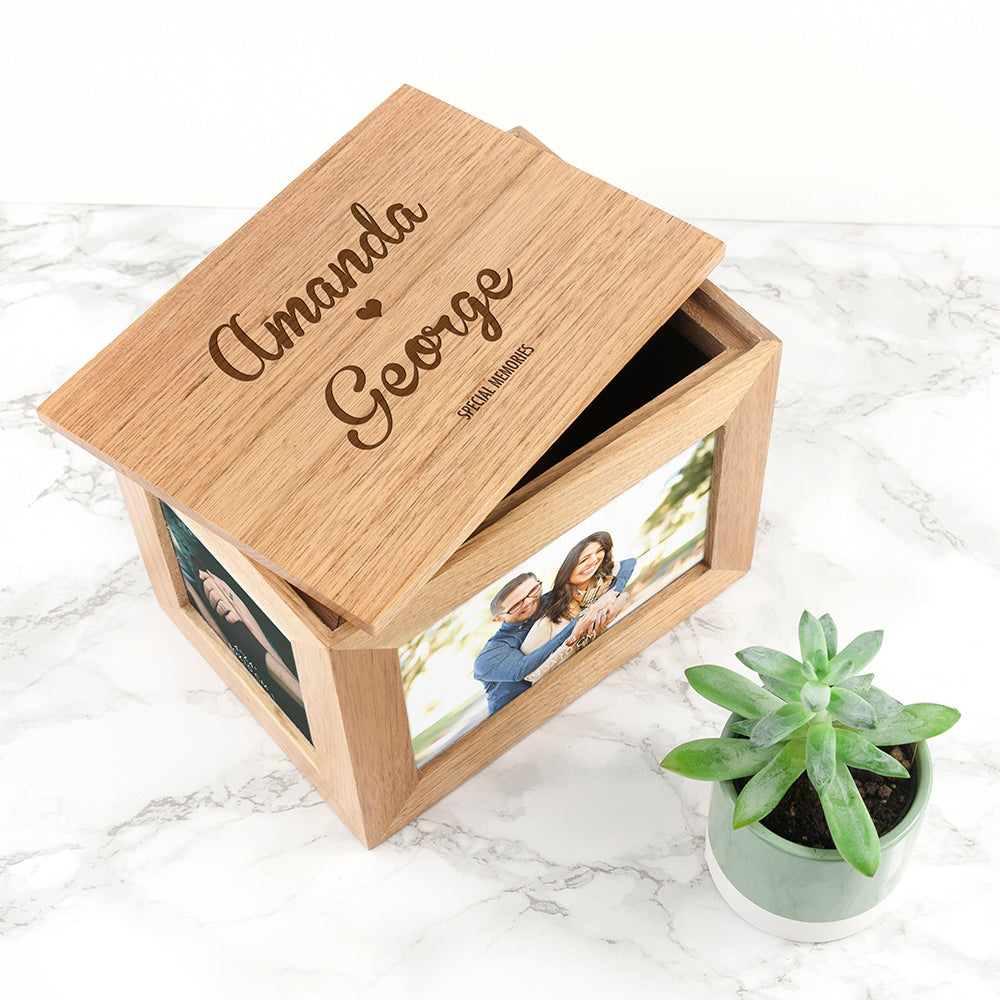 Personalised Name and Heart Midi Oak Photo Cube Keepsake Box - treat-republic