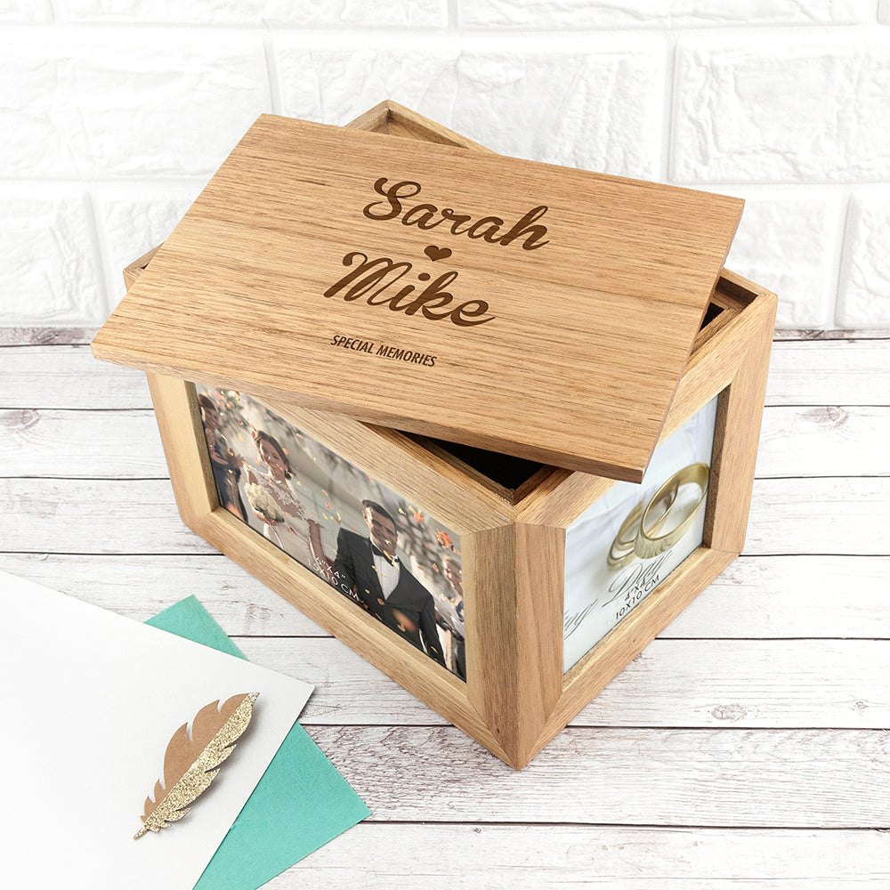 Personalised Name and Heart Midi Oak Photo Cube Keepsake Box - treat-republic