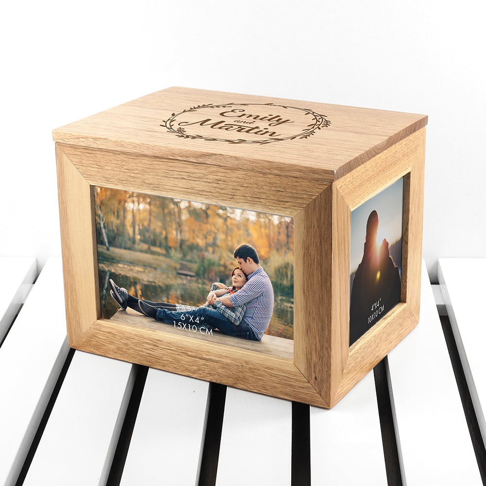 Personalised Couples' Midi Oak Photo Cube Keepsake Box With Wreath Design - treat-republic