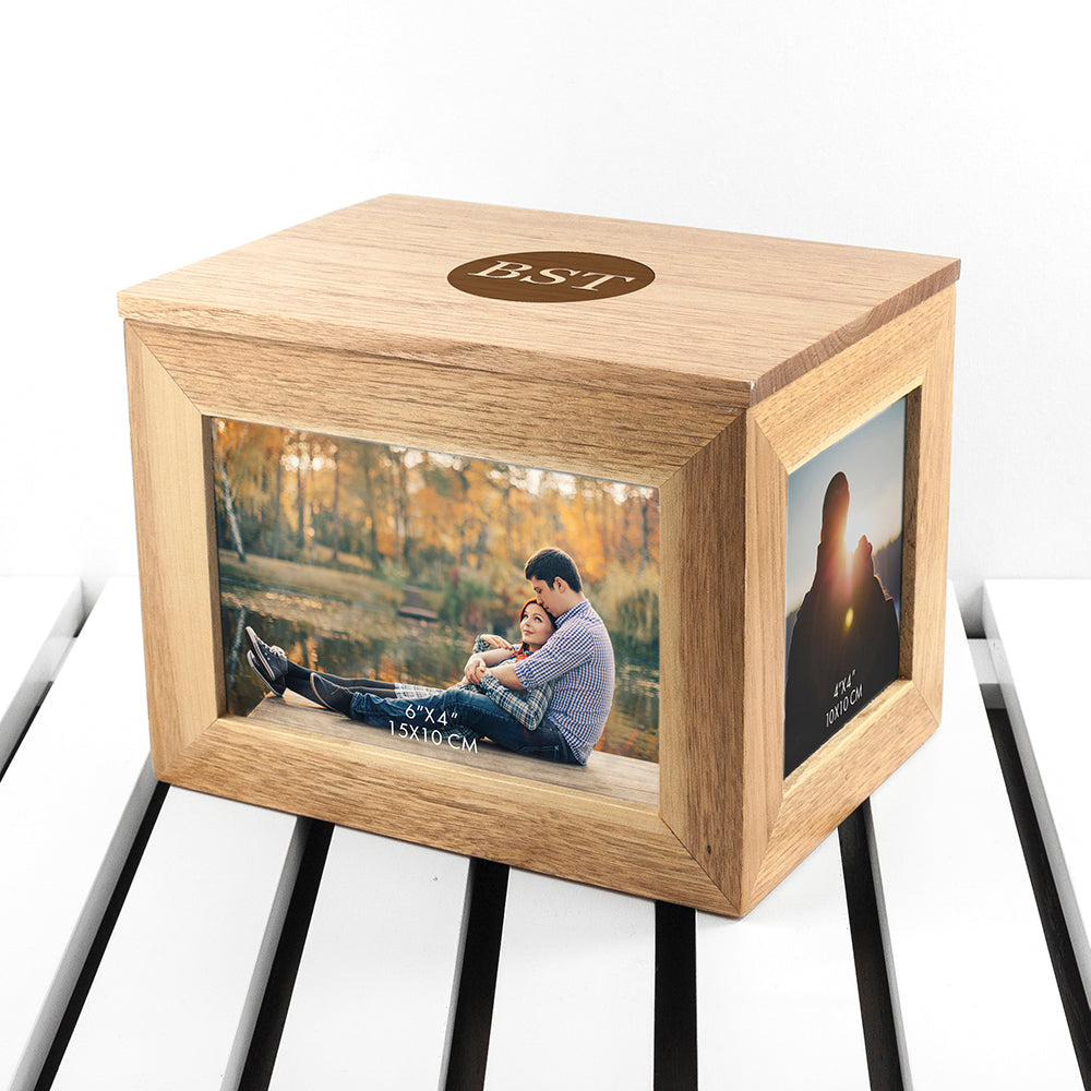 Personalised Midi Oak Photo Cube Keepsake Box With Initials - treat-republic