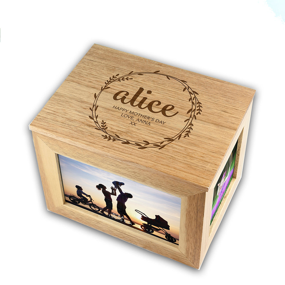 Personalised Wreath Mother's Day Midi Oak Photo Cube Keepsake Box - treat-republic