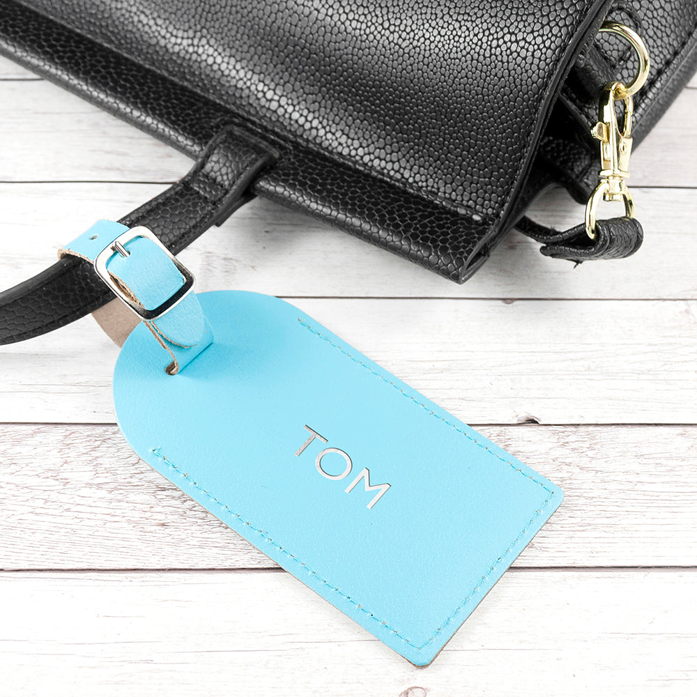 Personalised Pastel Blue Foiled Leather Luggage Tag - treat-republic