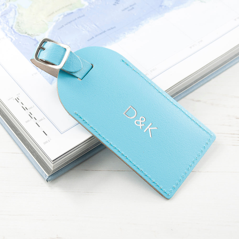 Personalised Pastel Blue Foiled Leather Luggage Tag - treat-republic