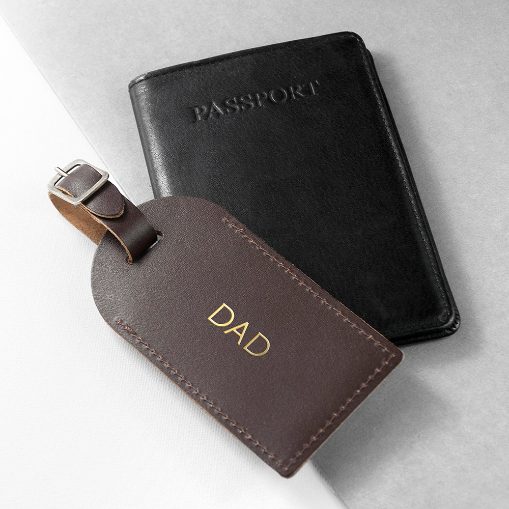 Personalised Brown Foiled Leather Luggage Tag - treat-republic
