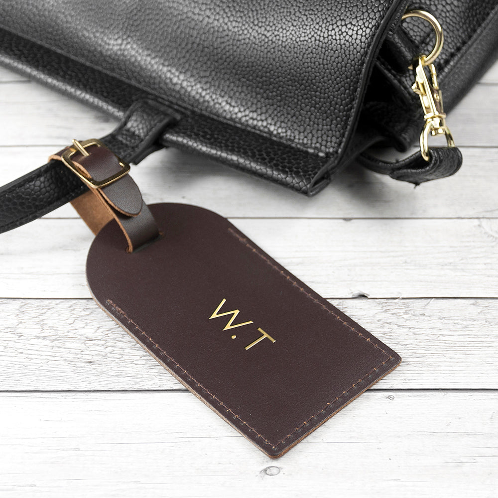 Personalised Brown Foiled Leather Luggage Tag - treat-republic