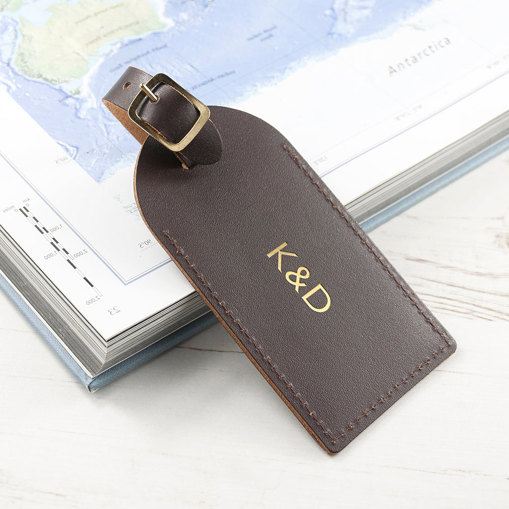 Personalised Brown Foiled Leather Luggage Tag - treat-republic