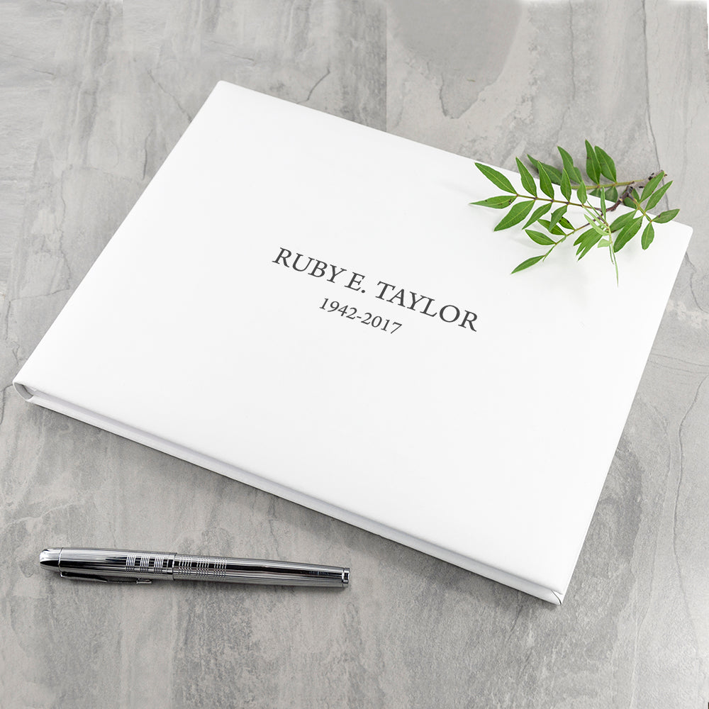 Engraved White Leather Memoriam Book - treat-republic