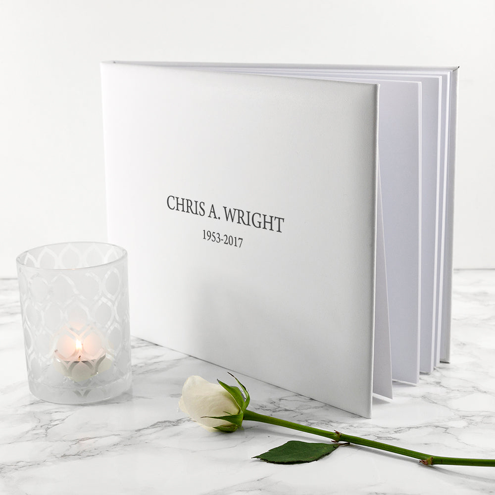 Engraved White Leather Memoriam Book - treat-republic