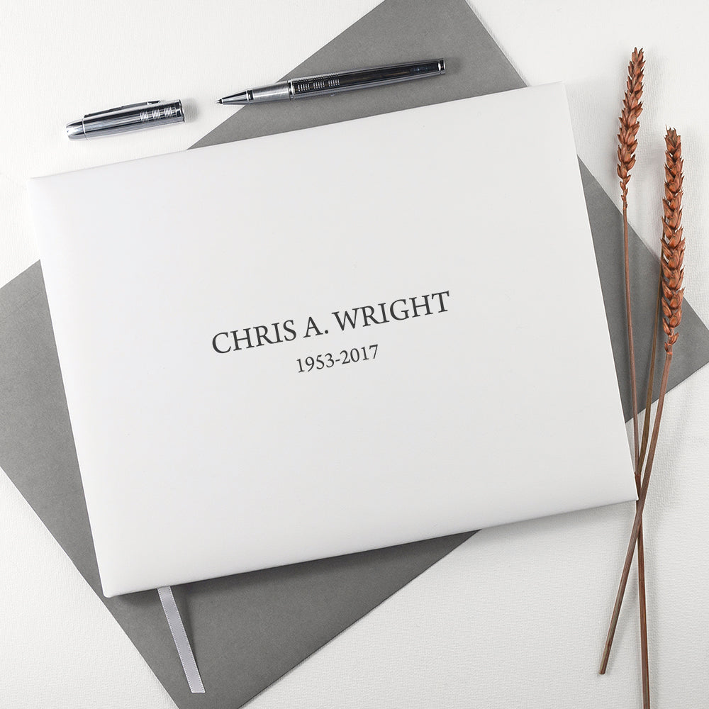 Engraved White Leather Memoriam Book - treat-republic