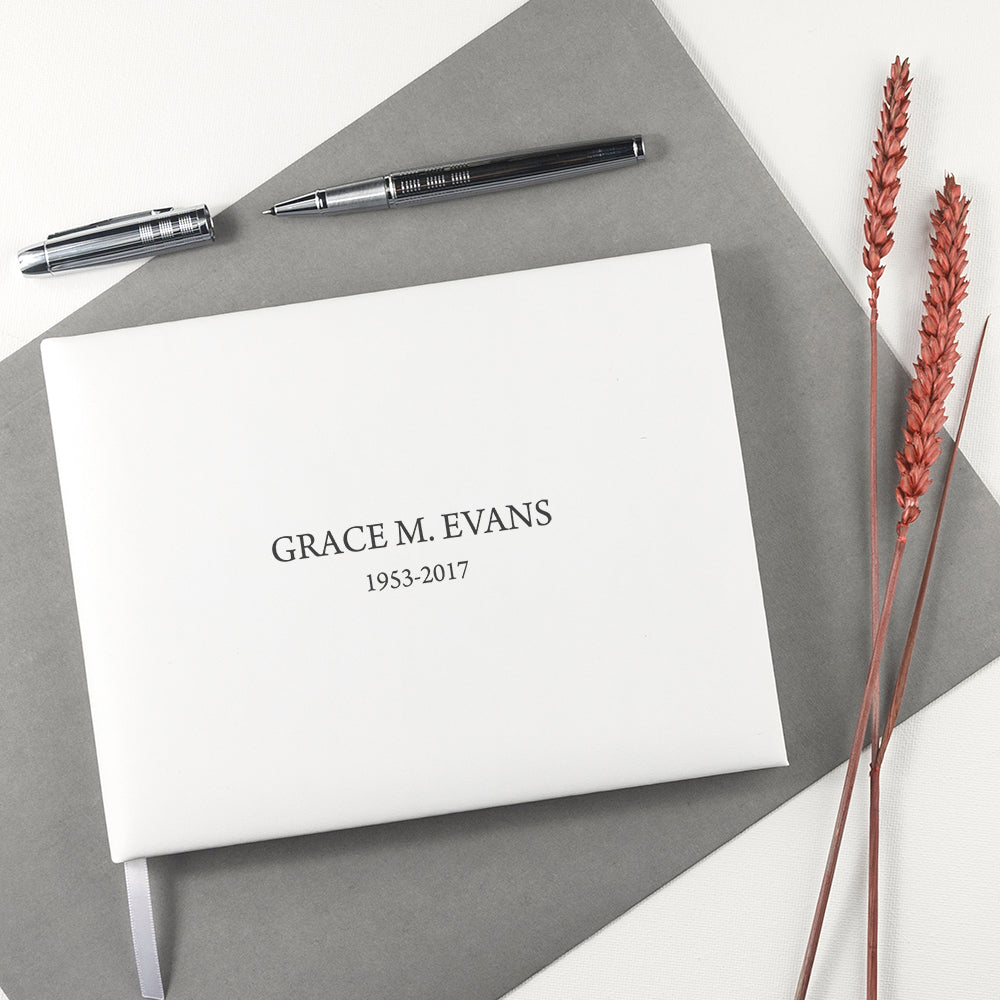 Engraved White Leather Memoriam Book - treat-republic