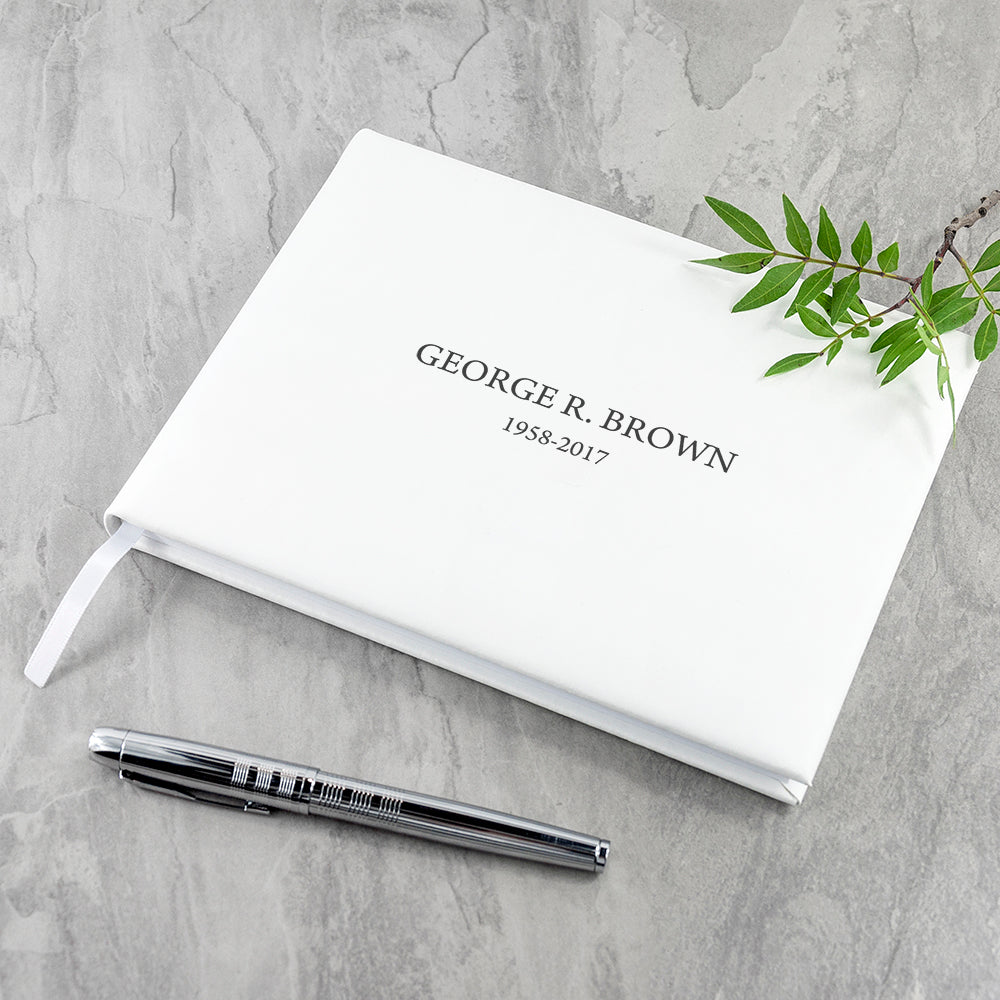 Engraved White Leather Memoriam Book - treat-republic