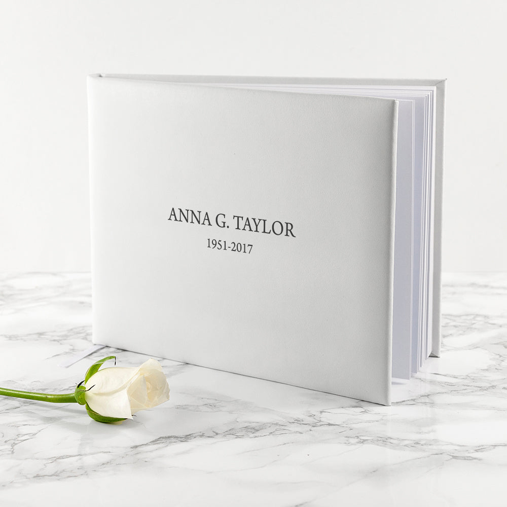 Engraved White Leather Memoriam Book - treat-republic