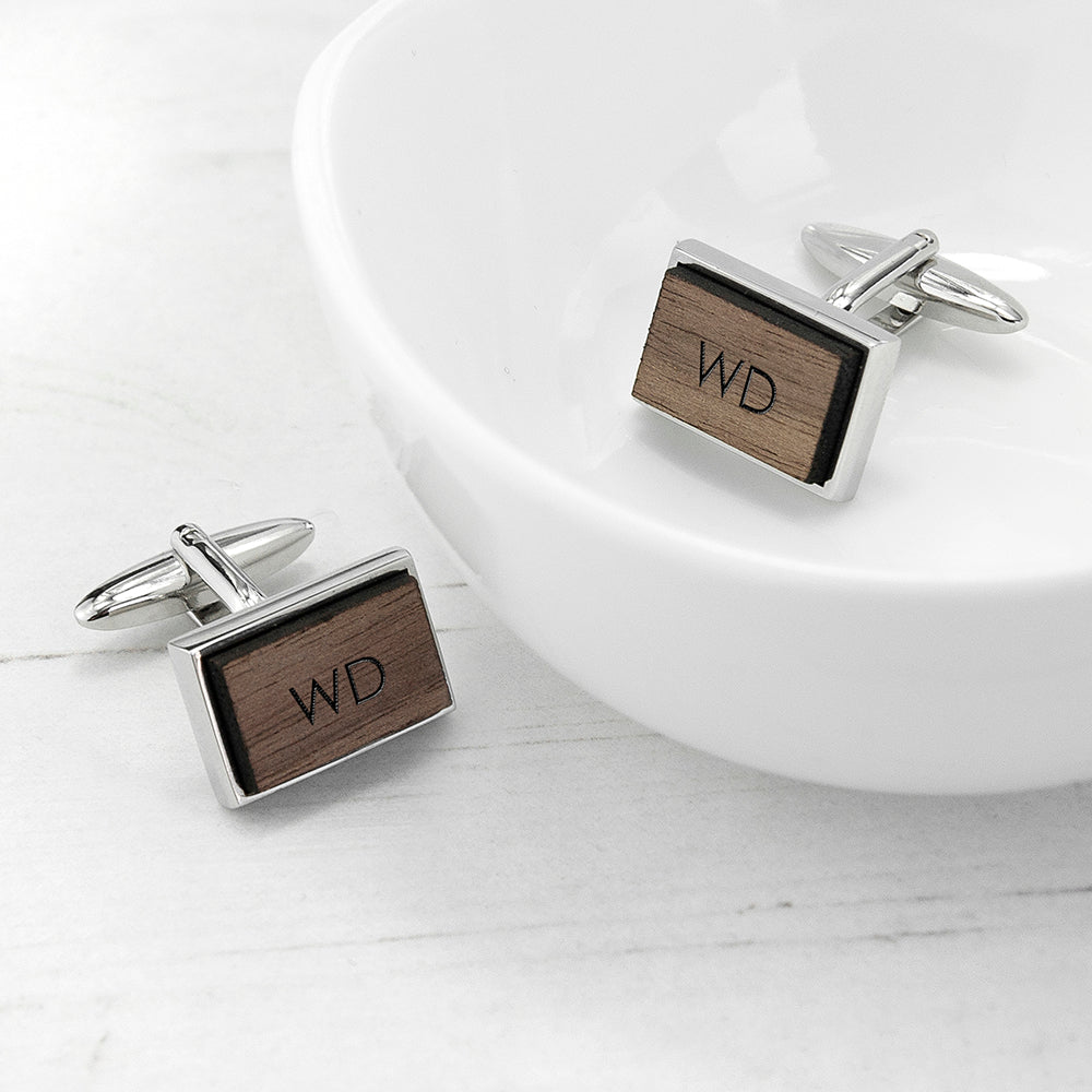 Monogram Engraved Rectangle Walnut Cufflinks - treat-republic