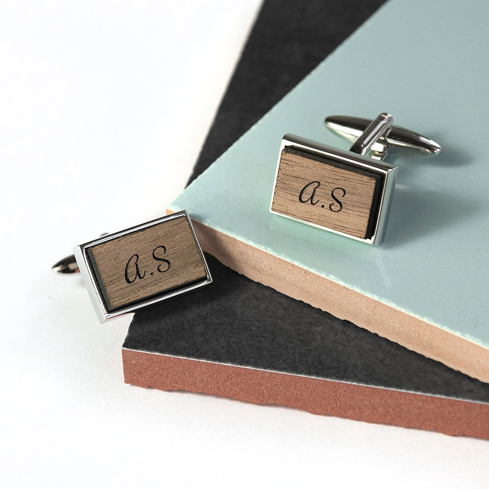 Monogram Engraved Rectangle Walnut Cufflinks - treat-republic