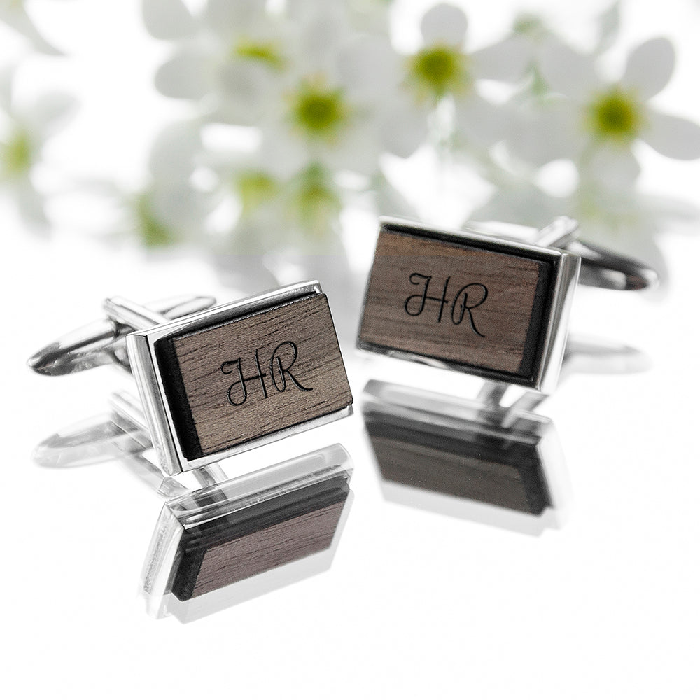 Monogram Engraved Rectangle Walnut Cufflinks - treat-republic