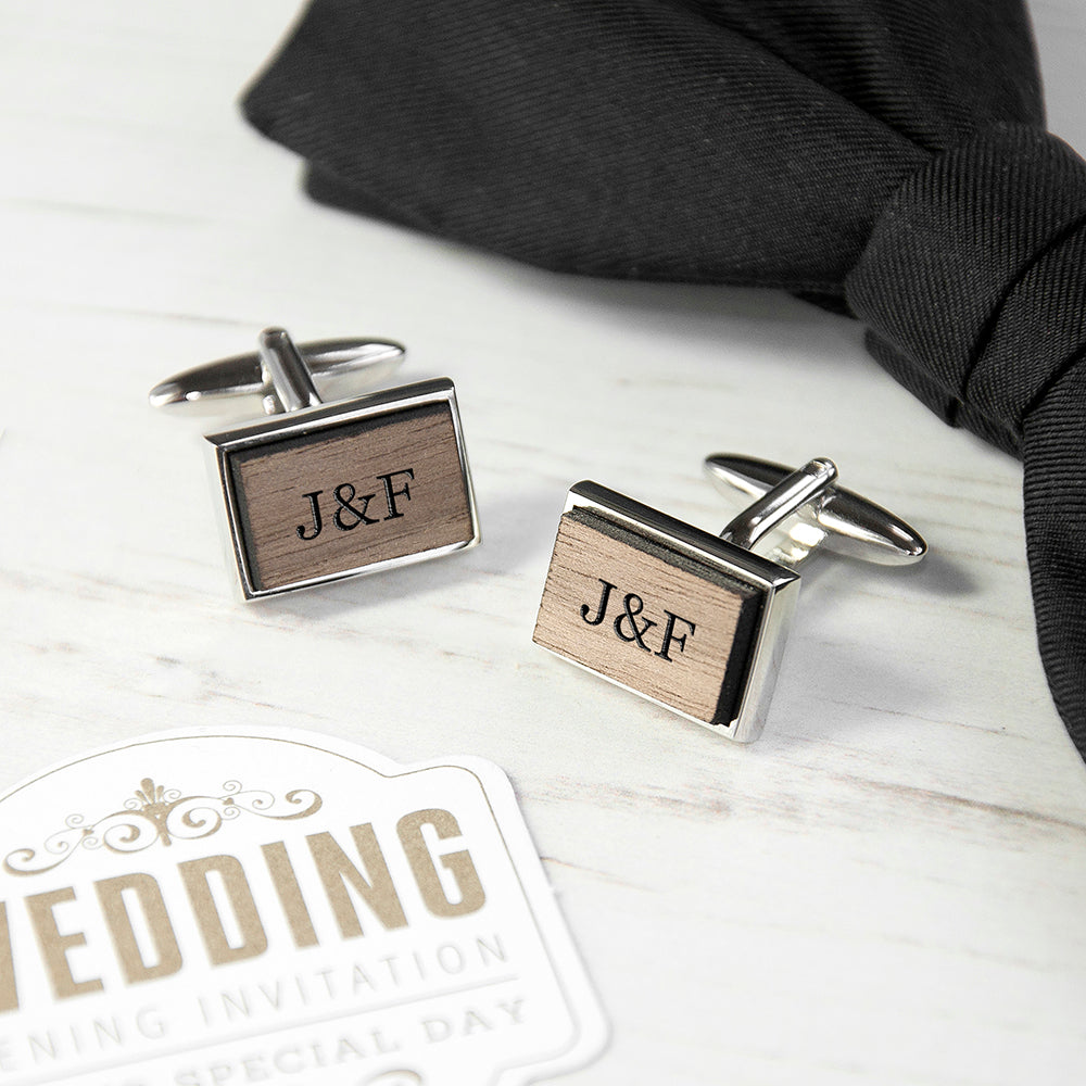 Monogram Engraved Rectangle Walnut Cufflinks - treat-republic