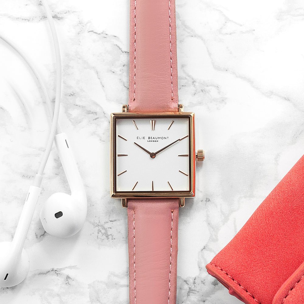 Personalised Pink Blush Square Leather Watch - treat-republic