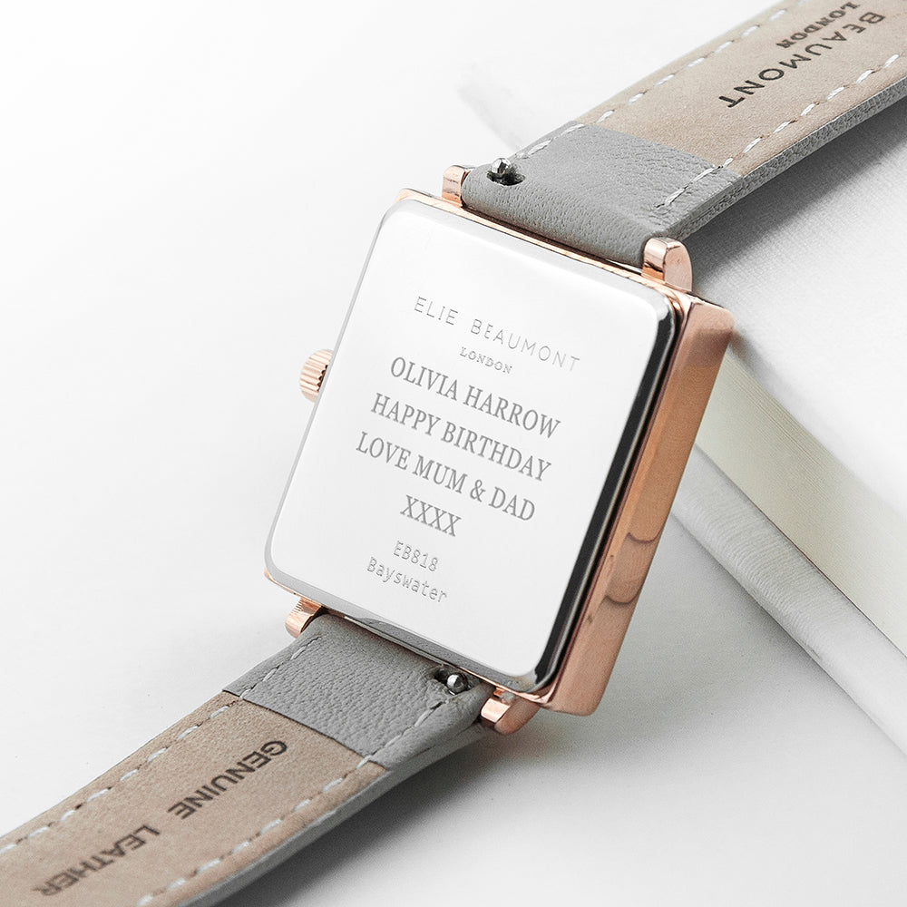 Elie Beaumont Personalised Ladies Shell Grey Square Leather Watch - treat-republic