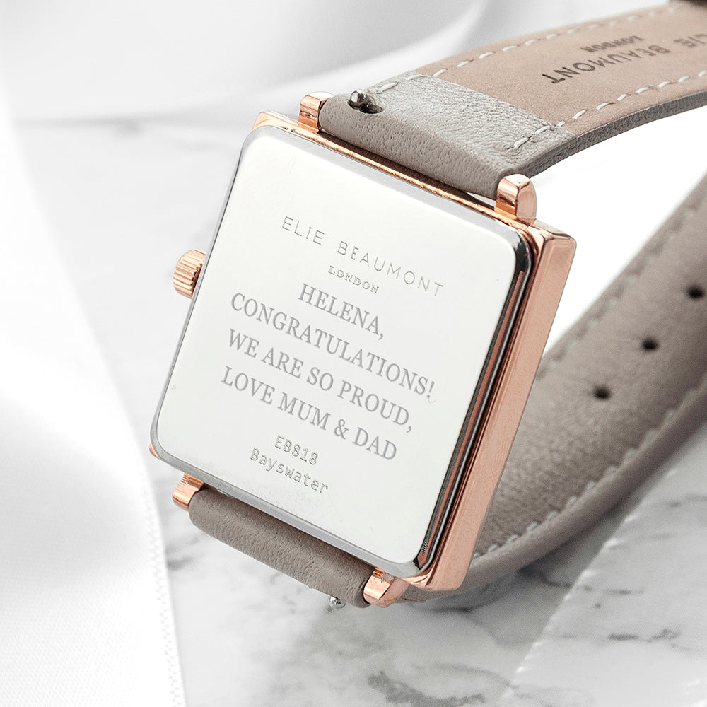 Elie Beaumont Personalised Ladies Shell Grey Square Leather Watch - treat-republic