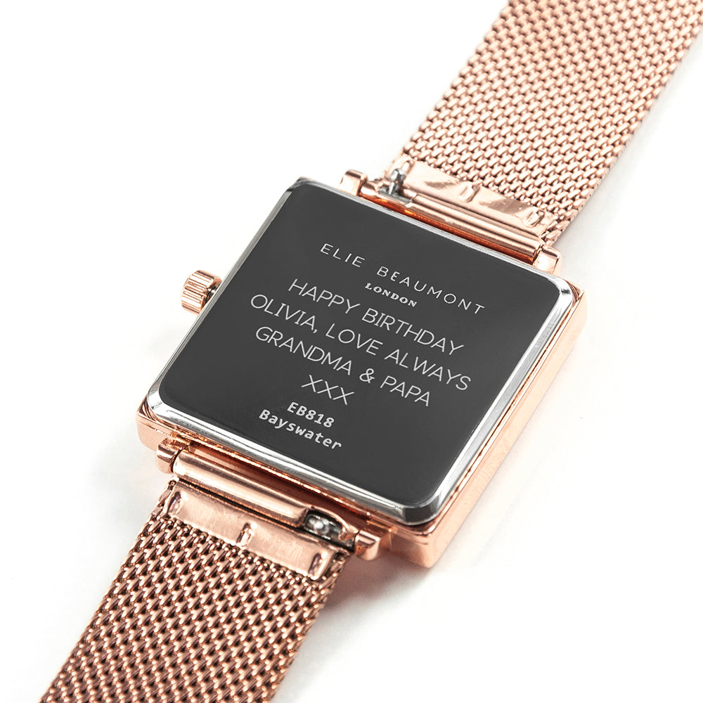 Elie Beaumont Personalised Ladies Rose Gold Metallic Square Watch - treat-republic