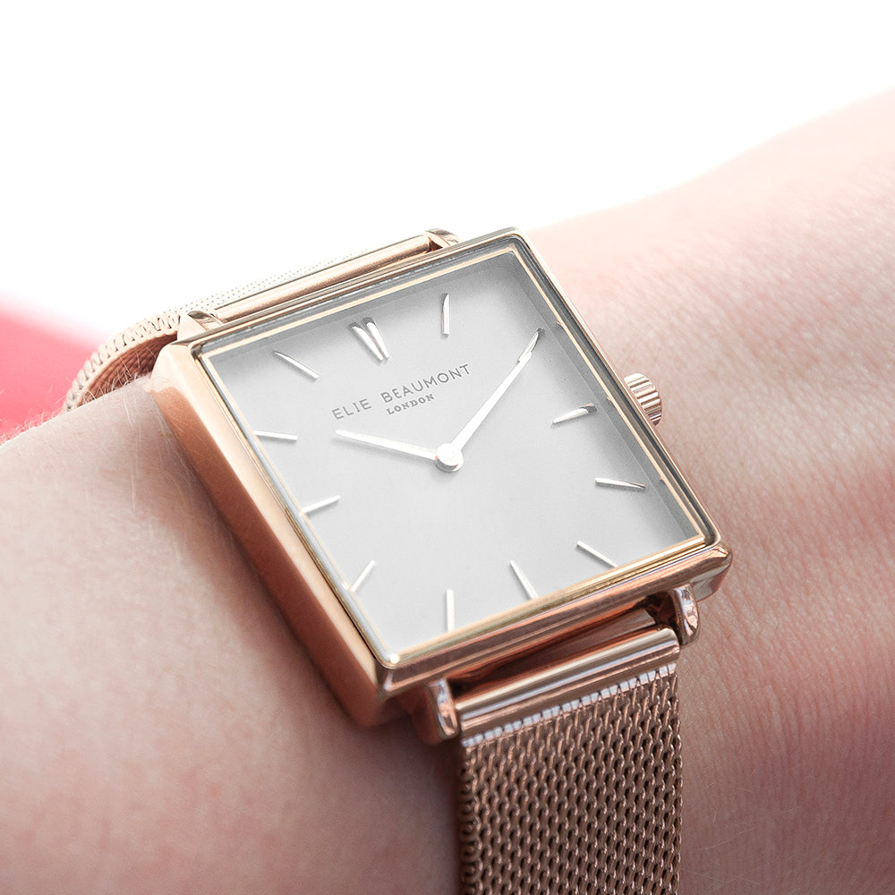 Elie Beaumont Personalised Ladies Rose Gold Metallic Square Watch - treat-republic